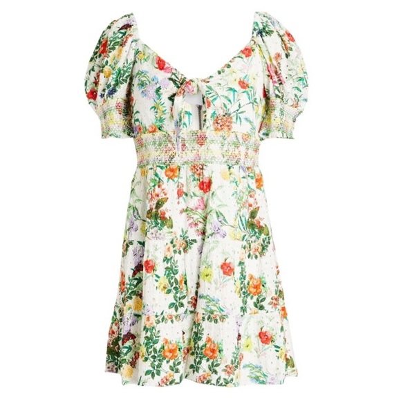 NWT Alice + Olivia Kristie Floral Print Puff Sleeve Dress Green White Multi 6 - Picture 1 of 8